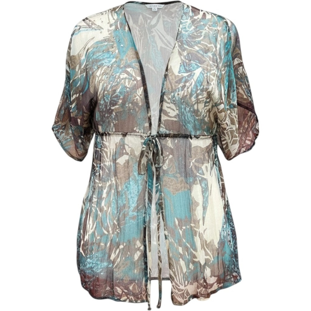 Karen Kane Top Womens Large Teal Brown Abstract Sheer Chiffon Y2K Fairycore Boho